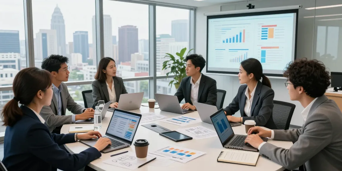 Collaborative meeting showcasing digital marketing services Canada strategies among professionals in a bright conference room.