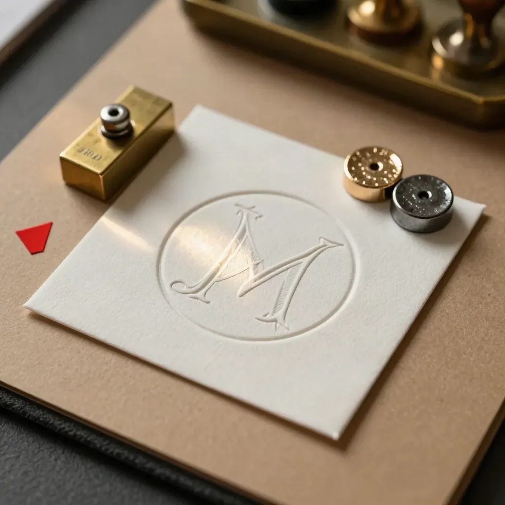 Embossed logo card with brass die and foil chips on a warm press board