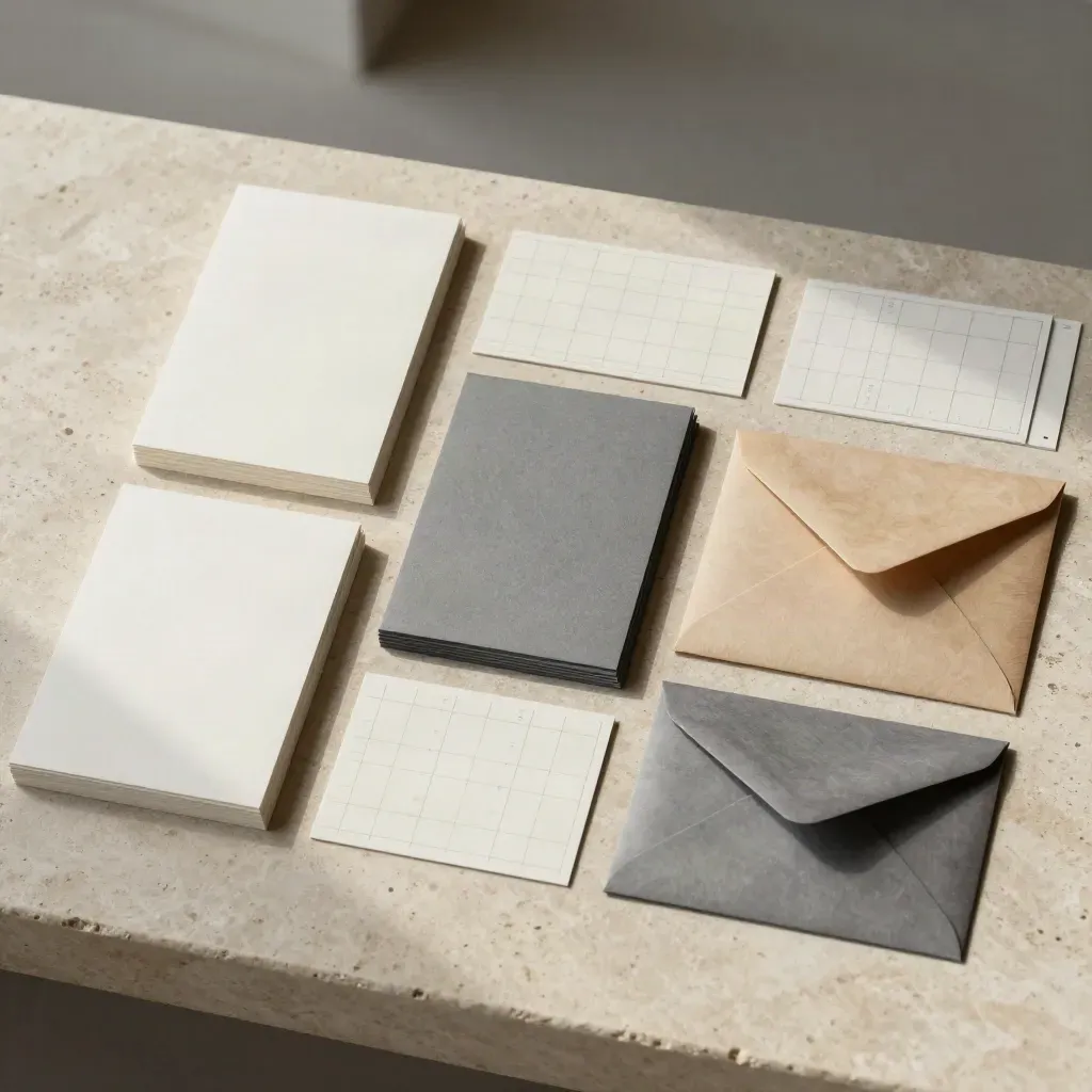 Top-down identity cards, swatches, envelope stock and layout boards on travertine.