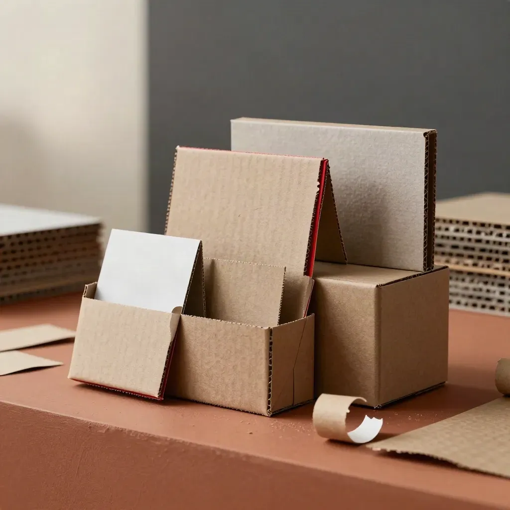 Packaging prototypes clustered on a terracotta packing plinth under soft studio daylight.