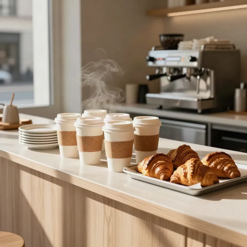 Cafe counter with takeaway cups, saucers, and croissants in warm morning light.