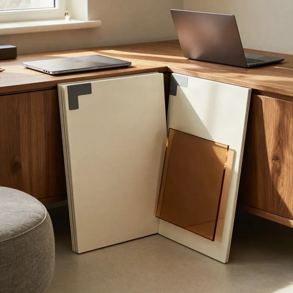 Warm pitch corner with boards, closed laptop, and acrylic page stack in late afternoon light.