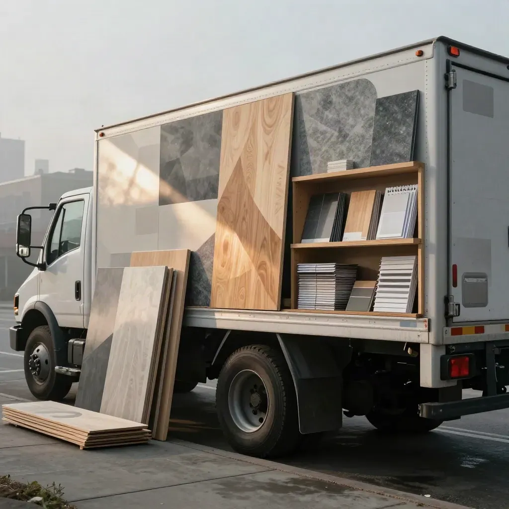 Off-white builder truck with sample boards and decal shapes parked curbside in misty Halifax light.