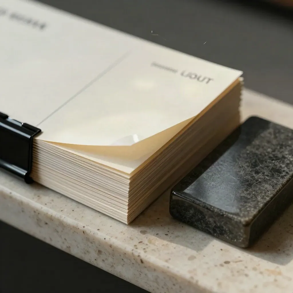 Macro of tabbed brand audit cards clipped on pale travertine beside a lacquered strategy stone