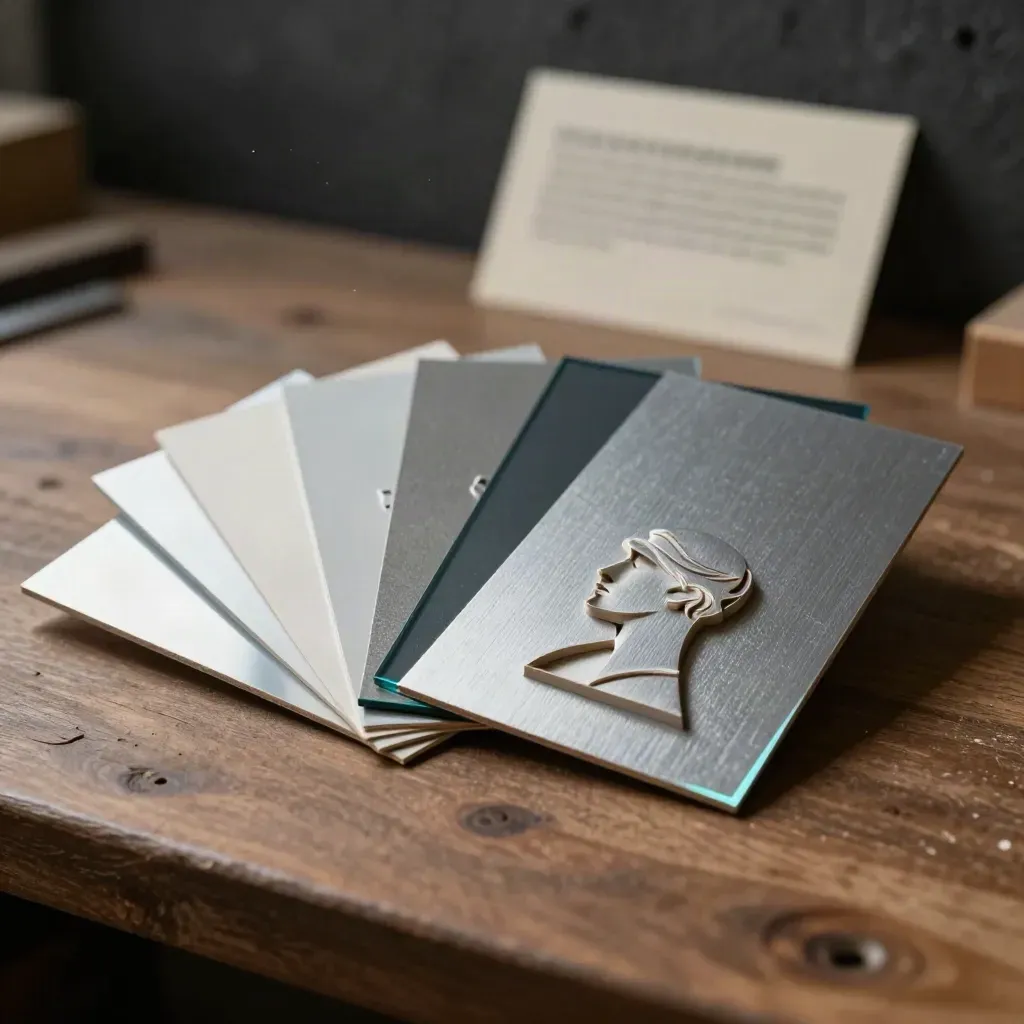 Die-cut emblem sample with foil swatches, acetate overlays, and paper maquette on a walnut workbench.