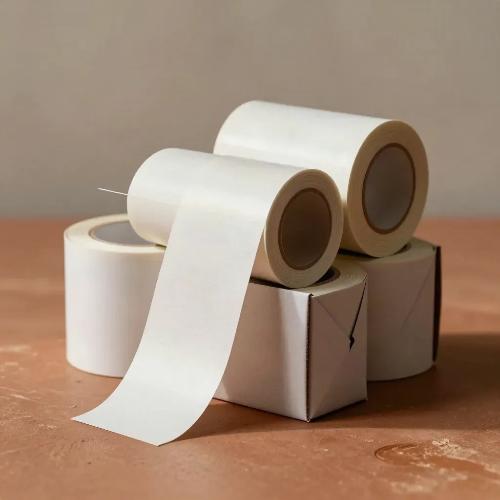Off-white carton mockups, label rolls, and a matte specimen box on terracotta clay.