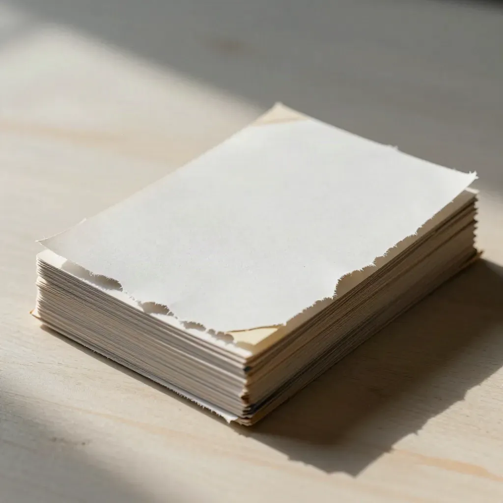 Top-down still life of worn sample cards and a clean review sheet on pale wood.