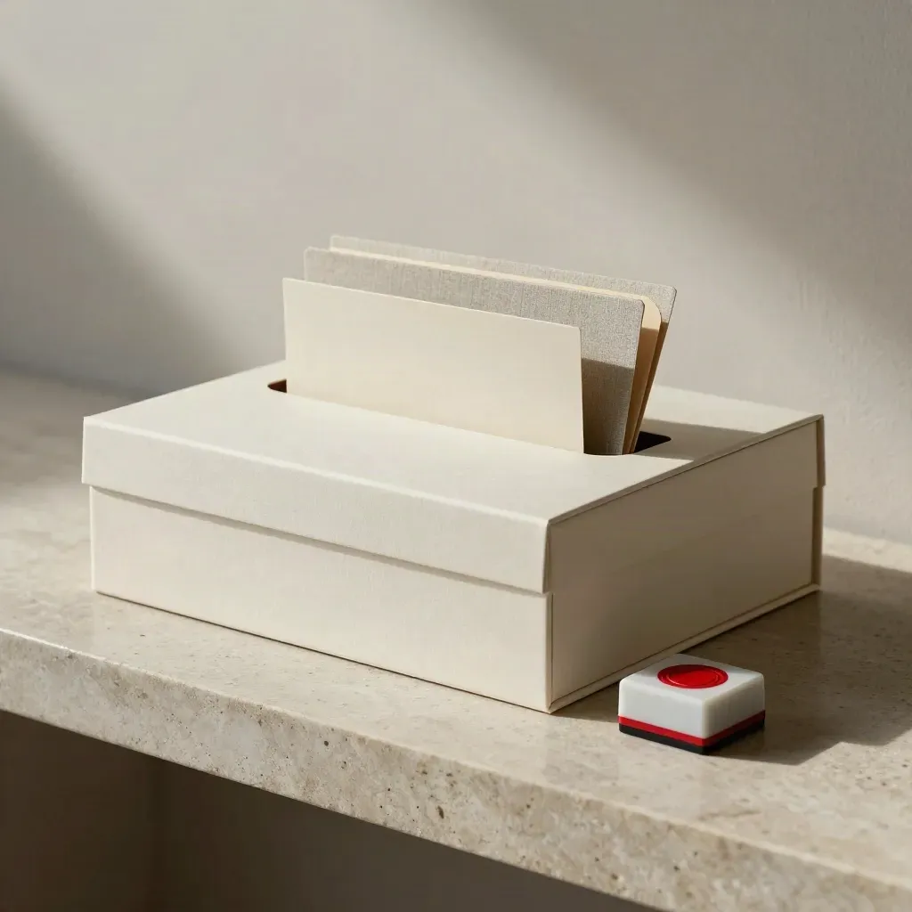 Closed launch kit box with tabbed folders and a red seal on stone shelf