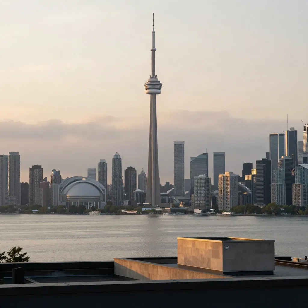 Toronto skyline with CN Tower above misty lake-edge towers at golden hour