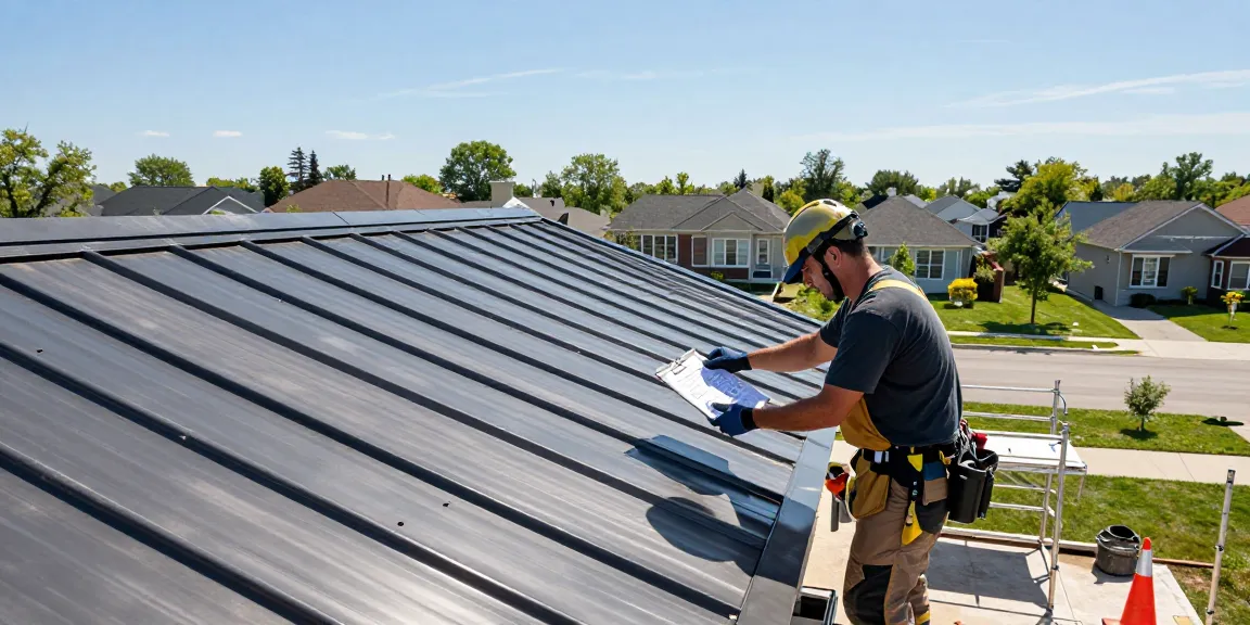 Roofing professional inspecting a metal roof; learn more about quality metal roofing.